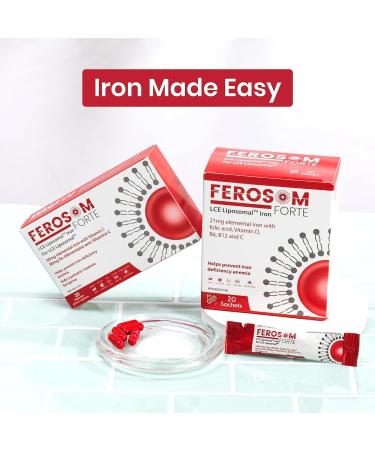 Ferosom Forte LCE Liposomal Iron Supplement Powder Gentle on the Stomach 21g Elemental Iron with Vitamin B12 B6 D C Folic Acid Berry Flavor Powder or Liquid Iron Drink 20 Vegan Iron Sachets - Buy Online on GoSupps.com