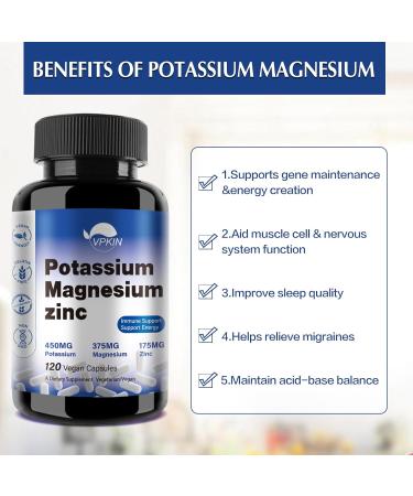 Potassium Magnesium Supplement 1000mg, Magnesium Potassium Zinc Aspartate Support Vascular, Bone, Heart, Muscle & Nerve Health, Non-GMO, Vegan, (120 Capsules) 120 Count (Pack of 1) - Buy Online on GoSupps.com