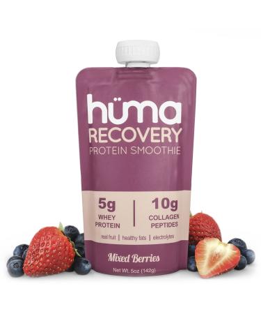 Huma Recovery Protein Smoothie 6 Pouches 15g Collagen + Whey Post Workout Recovery Drink Ready-to-Drink Protein Shake with Real Fruit Electrolytes Healthy Fats Mixed Berry 4.97 Ounce (Pack of 6)