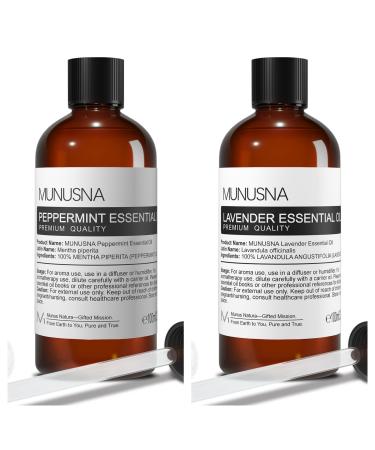 MUNUSNA Lavender Essential Oil and Peppermint Essential Oil Premium Grade Pure & Natural Essential Oils for Hair Body Skin Aromatherapy Diffuser Meditation Massage Home Candle Soap Bath Bomb
