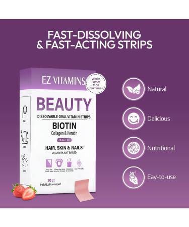 Oral Strips for Hair Growth Glowing Skin & Strong Nails Fast-Acting Biotin Vitamin E Collagen & Folate Supplement for Men & Women 2X Faster Results Strawberry Flavor 30 Strips | Sugar Free - Buy Online on GoSupps.com