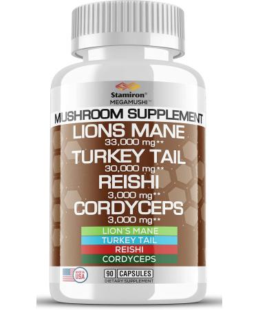 33,000mg Lions Mane & Turkey Tail Mushroom Capsules with Cordyceps, Reishi Mushrooms - 90 Count Made in USA - Buy Online on GoSupps.com