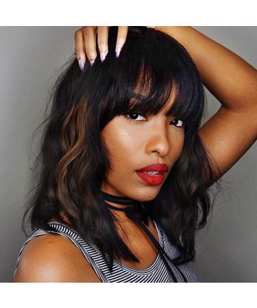 12 Inch Black Mixed Brown Highlights Wigs for Women, Short Curly Bob Wig With Bangs, Medium Wavy Wigs Shoulder Wig, Natural Looking Heat Resistant Fiber Hair for Women Daily Party BB1201NT