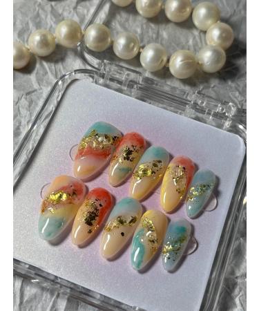 Handmade Press On Nails Short MouyouGlow Almond Colourful Foils Gold Resuable Fake Nails with Self-Adhesive Colourful Handmade Artificial Fingernails 10 Pieces (#10-M) - Buy Online on GoSupps.com