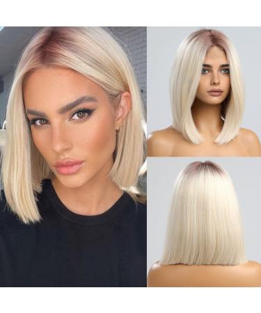 HAIRCUBE Straight Bob Wig Hand-Tied Hairline Shoulder Length Ombre Hair Wigs for Women Off-white Natural Middle Part Cosplay Daily Wear Wig (12inch) nature off white