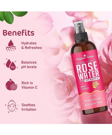 Organic Netra Rose Water with Vitamin C | Exfoliates The Skin and Controls Oil | Excellent for Clearing Away Makeup & Dirt from Pores| Mist Spray for All Skin Type | Paraben and Alcohol Free -200ml - Buy Online on GoSupps.com