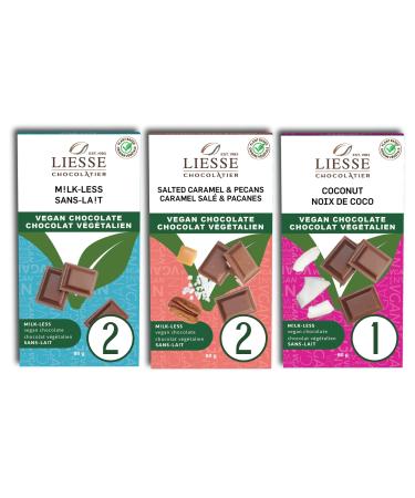Liesse Vegan Chocolate Bars Variety Pack - Dairy Free Chocolates - 2 Milk-less 2 Salted Caramel Pecan 1 Coconut - (5pk)