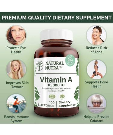 Natural Nutra Vitamin A 10,000 IU Retinol Palmitate Supplement from Cod Liver Oil - 100 Gluten Free Softgels for Eye, Skin, Nails and Immune Health - Omega 3 Rich - Buy Online on GoSupps.com
