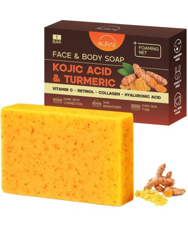 AURAE Kojic acid and turmeric soap for dark spots brightening and moisturizing for face and body with vitamin C retinol collagen and hyaluronic acid paraben and SLS free (100 g x 1