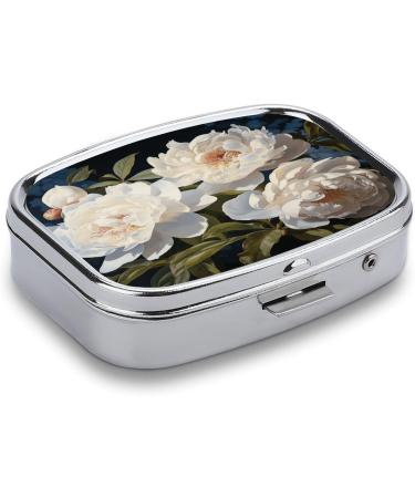 White Peony Print Pill Box - Decorative 2 Compartment Portable Medicine Organizer for Travel | Stylish Metal Pill Case - Buy Online on GoSupps.com