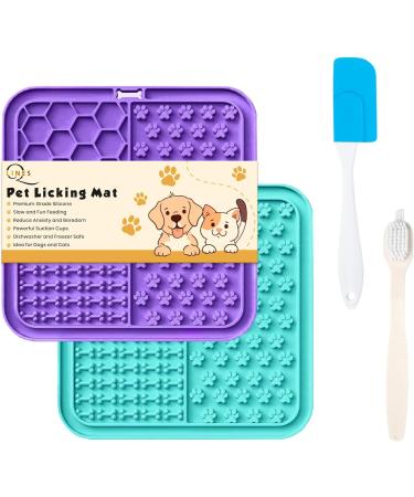 Licky Mats for Dogs Pack of 2 Licky Mats With Spatula - Dogs Accessories Bathing Training Pad With Strong Suction Cup - Slow Pet Feeder For Food Treats Peanut Butter (Light Blue/Purple) - Buy Online on GoSupps.com