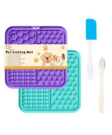 Licky Mats for Dogs Pack of 2 Licky Mats With Spatula - Dogs Accessories Bathing Training Pad With Strong Suction Cup - Slow Pet Feeder For Food Treats Peanut Butter (Light Blue/Purple)
