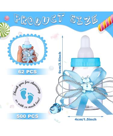 62 Pcs 3.5 Mini Milk Bottle Baby Shower Favor Set with 500 Thank You Stickers - Blue Plastic Bear Candy Bottles for Boy Girl Newborn Baptism Party Decor - Buy Online on GoSupps.com