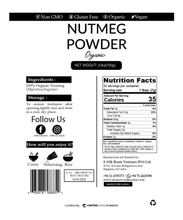 Organic Ceylon Nutmeg Powder 3.5 oz (100g) - USDA Organic, Non-GMO, Vegan, Gluten-Free | Premium Quality From Ceylon | 100% Raw | Ideal for Cooking, Smoothies, Lattes & Tea - Silk Route Brands - Buy Online on GoSupps.com