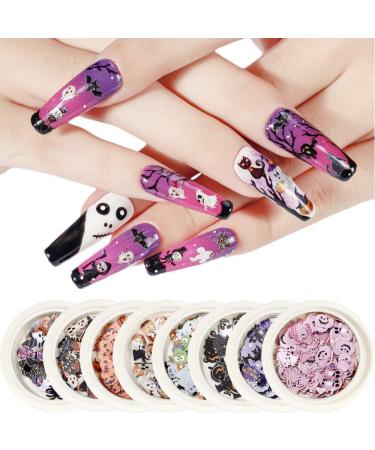 Kalolary 8 Boxes Halloween Nail Art Sequins 3D Nail Art Decals Stickers, Halloween Pumpkin Witch Bat Nail Art Decals Manicure DIY Decoration Tools