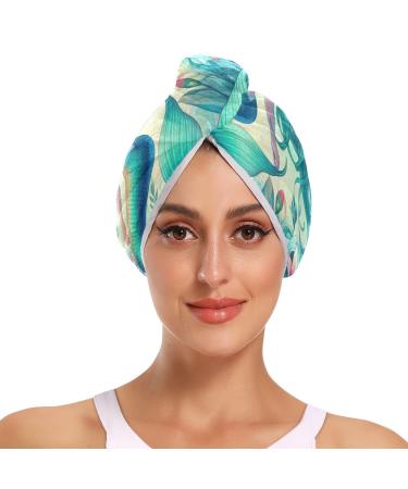 A Mermaid Girl Surrounded by an Array of Exotic Flowers Hair Towel 2 Pack Super Absorbent Hair Drying Towel Quick Dry Hair Turbans Head Towel with Button Twisty Wrap for Women Girls