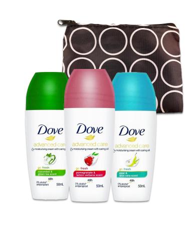 Dove Roll on Deodorant for Women Variety 3 Pack - Travel Size Deodorant Women Bundle with Pear and Aloe Cucumber Pomegranate Deodorants with 1.7 Ounces Plus Travel Bag | Dove Deodorant Bulk