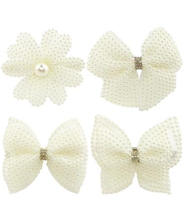 Pearls White Hair Bows for Girls  4 Pieces Elegant Flower Rhinestone Alligator Hair Clips Beads Hairgrip for Women Teens