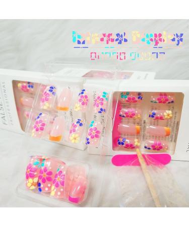 French Tips Short Square Press On Nails - Flower Embossed Glossy Nude Gel Glue - Stylish Fake Nails for Women & Girls - Buy Online on GoSupps.com