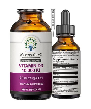 NatureGenX Liquid Vitamin D Drops for Fast Absorption Vitamin D3 Supplement (10000 IU) for Immune Support - Non-GMO & Gluten Free - 30ml 30 Servings - Orange Flavor