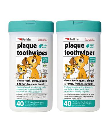 Petkin Plaque Toothwipes, Fresh Mint Wipes - Natural Formula Cleans Teeth, Gums & Freshens Breath - Convenient, & Easy to Use Oral Care Dental Pet Wipes for Dogs, Cats, Puppies & Kittens 2 Pack - 80 Wipes
