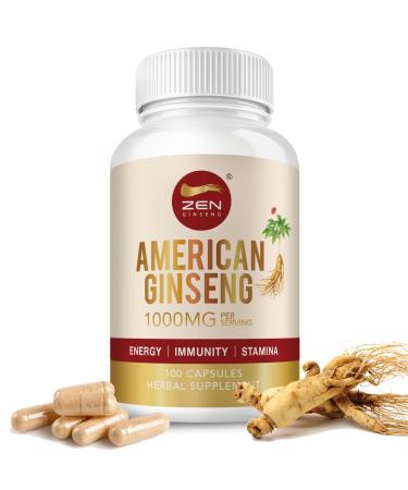 Zen American Ginseng 500mg - 100 Capsules. Premium Quality Panax Quinquefolius Daily Supplement