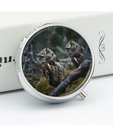 Round Pill Box with Wild Owl Print | 3 Compartment Decorative Metal Pill Organizer | Portable Pocket Medicine Case - Buy Online on GoSupps.com