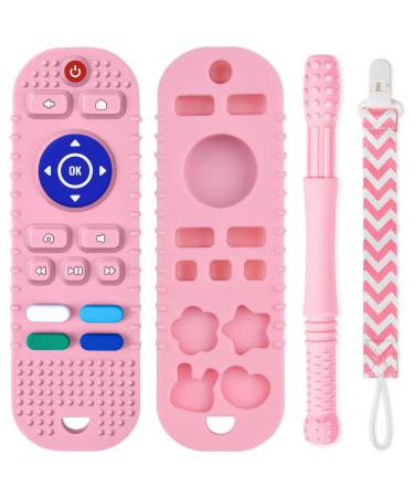 Baby Teether Toys Silicone  Remote Control Shape Teething Toys with Hollow Teether Tube and Pacifier Clip  Silicone Baby Teething Toys for Over 3 Months  BPA Free Baby Teething Toys (Pink)