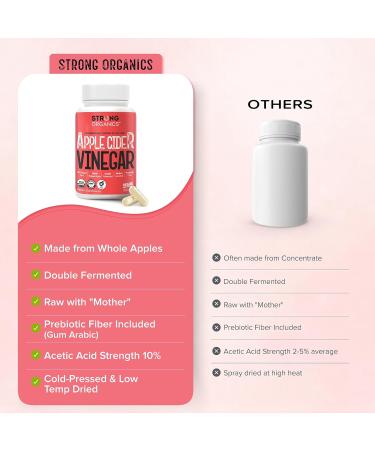 Strong Organics Apple Cider Vinegar Caps with Mother (10% Acetic Acid-Double Strength) USA Grown Organic Apples Digestion & Bloating Support Keto Vegan Kosher 120 Count - Buy Online on GoSupps.com