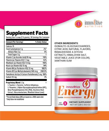 Innov8tive Energy Orange Raspberry Drink Mix | B Vitamins for Energy & Cognitive Focus | 228g Energy Supplement - Buy Online on GoSupps.com