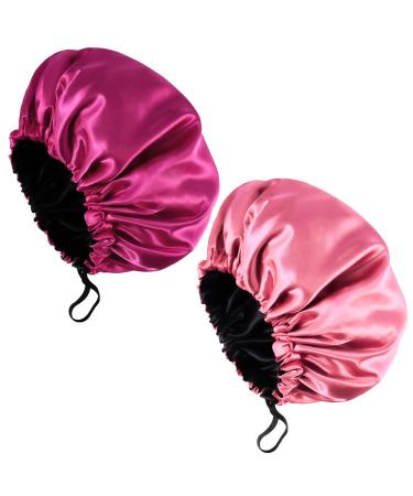 Fuyamp 2 Packs Satin Sleep Cap Adjustable Silky Sleep Bonnet for Women Long Curly Hair Double-Sided Waterproof Satin Hair Cap Extra Large Sleep Satin Bonnet for Women Girls Sleeping Pink+Rose Red