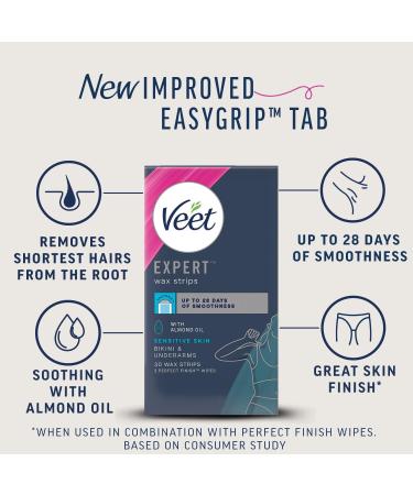 Veet Expert Cold Wax Strips 30 Strips for Bikini & Underarms | Sensitive Skin | With Almond Oil Finish Wipes | 33 Piece Set - Buy Online on GoSupps.com