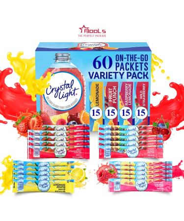 Crystal Light Variety Pack - 60 Count Singles On-the-Go Packets Low-Calorie Sugar-Free Powdered Drink Mix 15 Each Lemonade Fruit Punch Raspberry & Wild Strawberry Flavors by Bools 0.08 Ounce