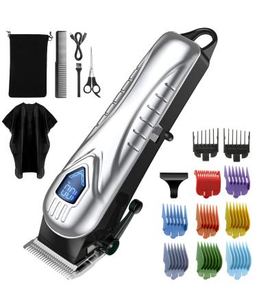 Hair Clippers for Men Cordless, 5 Hours Mens Hair Clippers for Hair Cutting with 10 Combs 1/64''-1'', Barber Clippers Kit with Scissors, Cape (Silver)
