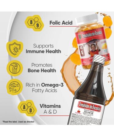 Emulsion de Escocia Kids Immune Bundle Cherry Cod Liver Oil 6.5 Fl Oz + Omega-3 Vitamin Gummies Fish Oil with Vitamins A D E & B1 Immune Support & Growth for Children Great Taste - Buy Online on GoSupps.com