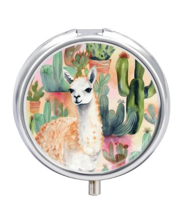 Round Pill Box White Alpaca Watercolor Painting and Cactus Print 3 Compartment Medicine Pill Case Print Pill Organizer Decorative Metal Portable Pill Box Pocket Pill Box