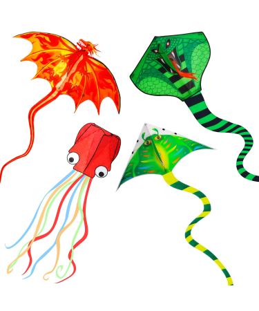 4 Pack Kites - Large Fire Dragon Kite Green Snake Kite Devil Fish Kite Red Mollusc Octopus with Long Colorful Tail for Kids Adults Outdoor Game Activities Fire Dragon+Snake+Devil Fish+Octopus
