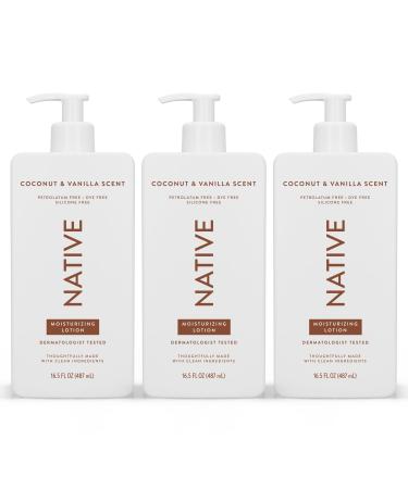 Native Native Body Lotion for Men and Women Silicone and Dye Free Coconut and Vanilla Scent Hand Lotion + Moisturizer for Dry Skin With Naturally Derived Ingredients (3 x 487 ml)