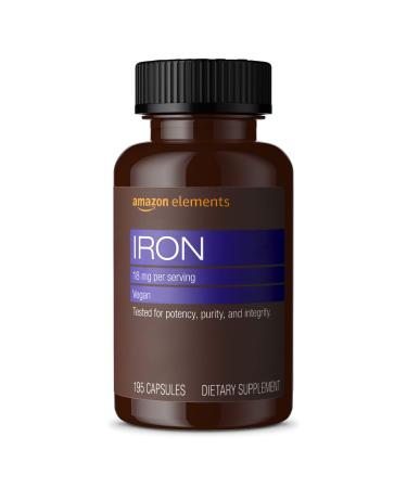 Amazon Elements Iron 18mg, Supports Red Blood Cell Production, Vegan, 195 Capsules, 6 month supply (Packaging may vary)
