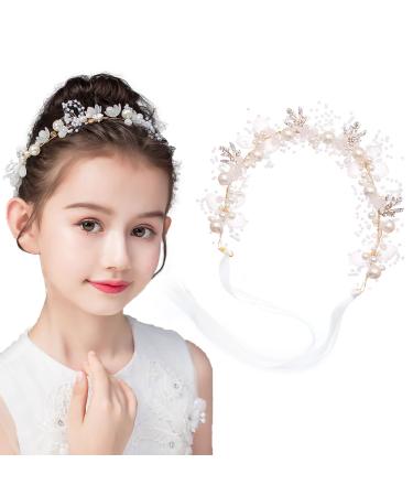 Girl Pearl Headpiece Crystal Flower Headband Bridal Baby Crystal Hair Vine for Princess Flower Girls & Bridesmaid Wedding Headband Bridal Headpiece Hair Jewelry White