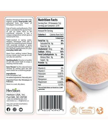 Herbion Naturals Himalayan Pink Salt Jar - GMO Free, Vegan, Chemical-Free, Kosher Certified, Fine Grain All-Natural Salt - Triple-Washed in Spring Water - Buy Online on GoSupps.com