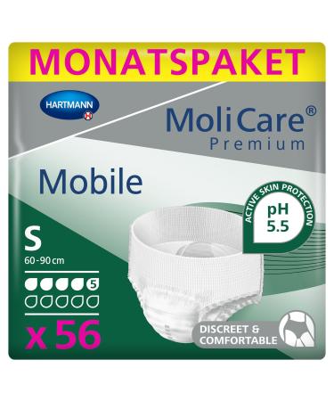 Molicare Premium Mobile disposable pants: Discrete use in incontinence for women and men 5 drops size.S (60-90 cm hip circumference) 4x14 pieces 5 drops (56 pieces) 56 pieces