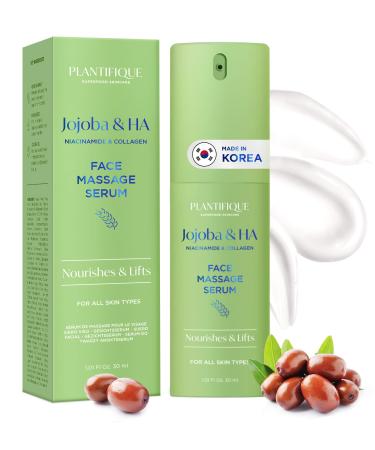 PLANTIFIQUE Korean Jojoba Oil & Hyaluronic Acid Face Massage Serum - Perfect for Gua Sha Facial Tools - Collagen & Niacinamide for Ultimate Hydration and Anti-Aging Glow - for Men & Women