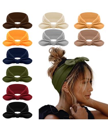 AKTVSHOW 10 Pack Headbands for Women Bow Rabbit Ear Boho Headband Workout Running Sports Sweat Elastic Hair Wrap for Girls Cute Hair Accessories (Solid color)