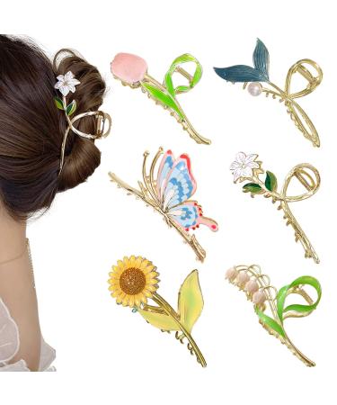6 Pcs Flower Metal Hair Claw Clips Large Tulip Hair Claw Nonslip Butterfly Hair Barrettes Strong Hold Hair Clamps Big Hair Accessories for Women Girls Long Thick Thin Curly Hair Gifts (A)