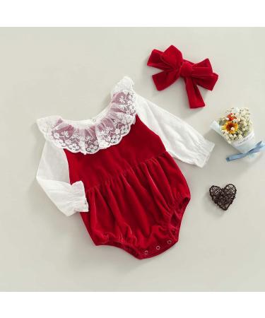 Newborn Baby Christmas Romper Set 0-6 Months | Knitted Long Sleeve Bodysuit with Lace Jumpsuit and Crawling Pants | Infant Xmas Outfit in Wine Red - Buy Online on GoSupps.com