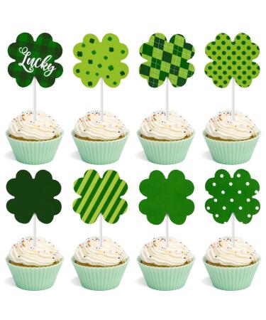 JarThenaAMCS 24Pcs St. Patrick's Day Cupcake Toppers Plaid Stripe Dot Green Shamrock Cupcake Picks for Irish Holiday Wedding Lucky One Birthday Party Cake Decorations 8 Styles