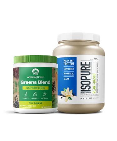 Bundle of Amazing Grass Greens Superfood Powder: Original 30 Servings + Isopure Vanilla Vegan Protein Powder Plant Based Organic Pea Protein Dairy Free 20 Servings (Packaging May Vary)
