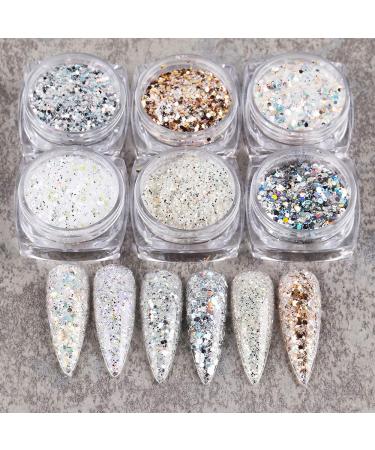 Holographic Nail Art Sequins Glitter Kit - 6 Boxes Metallic Shining Flakes for 3D Nails Decoration, Acrylic Powder Dust, Holographic Manicure Tips - Vintage Color - Buy Online on GoSupps.com