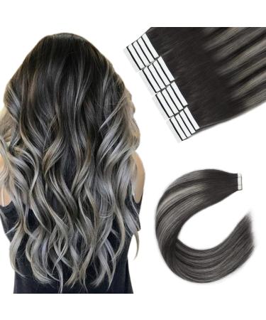 Sixstarhair tape in Extensions real hair 20PCs tape in hair recovery short hair 40cm 50g hair extreme real hair tape ombre from black to silver with natural black #1BT1B-silver 40 cm 1BT1B/silver white # # #